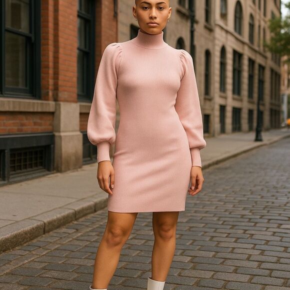 Pink Ribbed Turtleneck Sweater Dress Puff Sleeve Cozy Vibes
